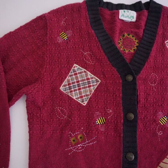 Vintage Quacker Factory Maroon Knit Embroidered Button Knit Cardigan Sweater M - Picture 9 of 11